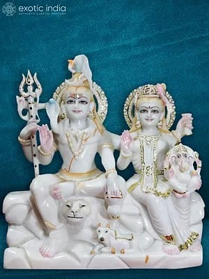 24" Makrana Marble Idol Of Chaturbhuja Lord Shiva With Family