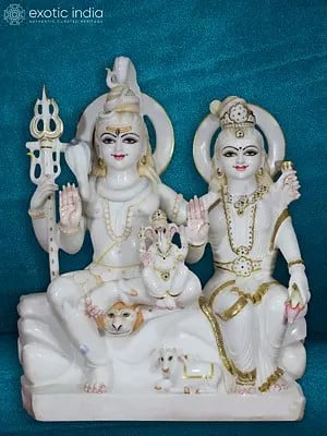 30" Marble Idol Of Baby Ganesha In The Lap Of Shiva With Parvati
