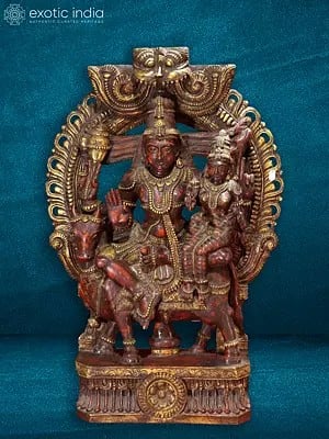 48" Wood Statue Of Shiv-Shakti Seated On Nandi With Kirtimukha Throne