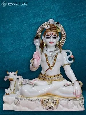 18" Lord Shiva With Nandi | White Makrana Marble Statue