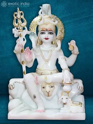 12" Chaturbhuja Lord Shiva With Nandi | White Makrana Marble Idol