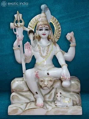 12" Statue Of Lord Shiva With Four Arms And Nandi | White Makrana Marble Idol