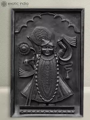 36" Large Lord Shrinathji Marble Panel For Home | Black Marble Panel