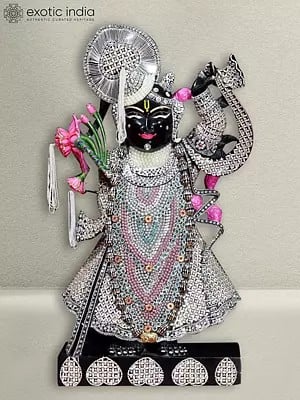 24" Shrinathji With Lotus Flower | Black Marble Sculpture
