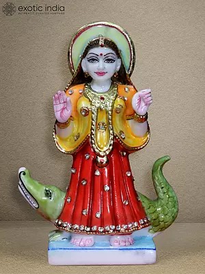 9" Colorful Figurine Of Goddess Khodiyar | White Makrana Marble Statue