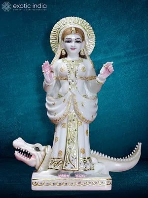 15" Khodiyar Mata With Angry Crocodile | White Makrana Marble Statue