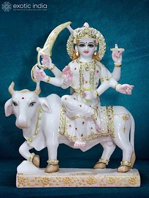 12" Goddess Umiya Seated On Cow | White Makrana Marble Statue