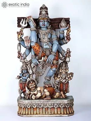 48" Urdhva Tandava - Dancing Lord Shiva with Lord Krishna and Lord Brahma | Wood Carved Statue