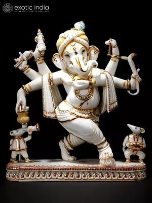 25" Six Armed Dancing Lord Ganesha with Mushak | White Marble Statue