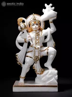 20" Lord Hanuman Carrying Mountain of Sanjeevani Herbs | White Marble Statue
