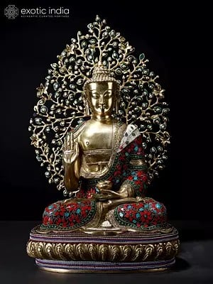20" Superfine Shakyamuni Buddha Preaching His Dharma with Bodhi Tree as Backdrop | Brass Statue with Inlay Work
