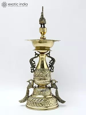11" Superfine Five Wicks Designer Peacocks Lamp in Brass