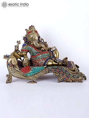 11" Relaxing Lord Ganesha | Brass Statue with Inlay Work