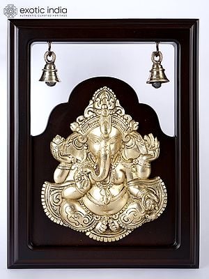 12" Blessing Lord Ganesha Wall Hanging Fame with Bells | Brass and Wood
