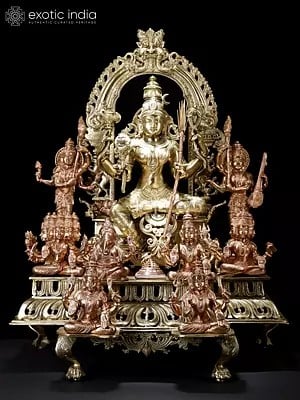 37" Large Superfine Goddess Rajarajeshvari Seated on Kirtimukha Throne with Gods and Goddesses | Hoysala Bronze in Twin Shades