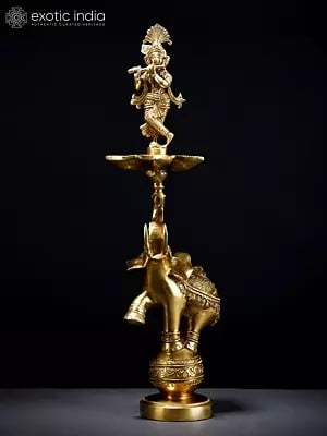17" Brass Fluting Krishna Five Wicks Lamp on Elephant