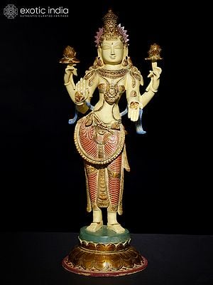 24" Colorful Standing Goddess Lakshmi in Blessing Gesture | Brass Statue