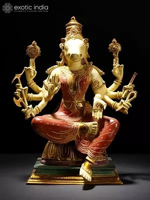 13" Sitting Eight Armed Goddess Varahi | Colorful Brass Statue
