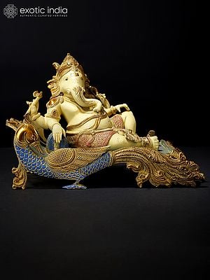 19" Colorful Relaxing Lord Ganesha Brass Statue