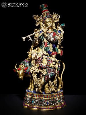 17" Venugopal Krishna with Cow | Brass Statue with Inlay Work