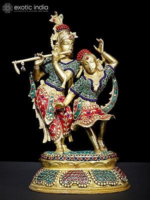 16" Radha - Krishna Engaged in Ecstatic Dance | Brass Statue with Inlay Work
