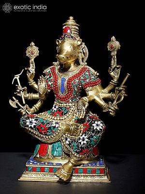 13" Sitting Eight Armed Goddess Varahi | Brass Statue with Inlay Work