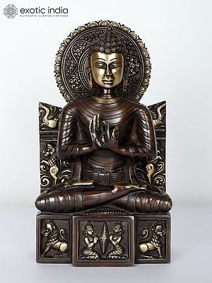 11" Lord Buddha Brass Statue Seated in Dharmachakra Mudra