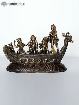 15" Shri Ram, Sita and Lakshman in Kewat's Boat | Brass Statue