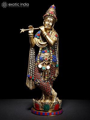 17" Lord Krishna Playing Flute on Lotus Pedestal | Brass Statue with Inlay Work