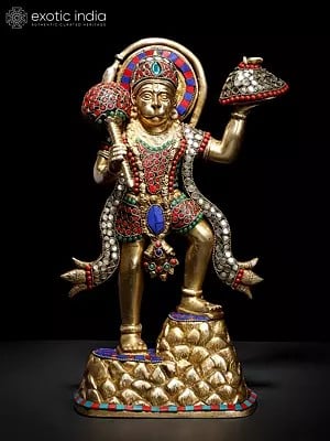 14" Lord Hanuman Holding Mountain of Sanjeevani Herbs | Brass Statue with Inlay Work