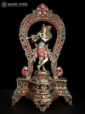 31" Large Murli Manohar Krishna on an Elaborate Pedestal with Impressive Peacock Prabhavali | Brass Statue with Inlay Work