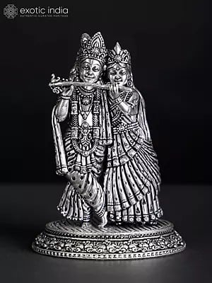 4" Small Superfine Standing Radha Krishna Playing Flute Together | Silver Plated Brass Statue