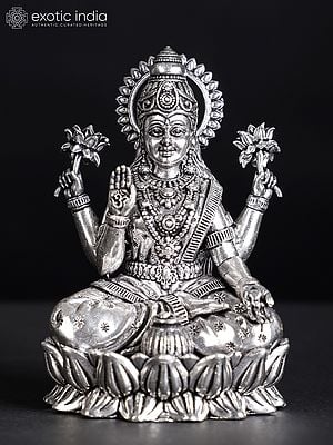 3" Small Blessing Goddess Lakshmi Seated on Lotus | Silver Plated Brass Statue