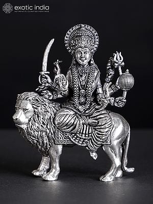 3" Small Ashtabhujadharini Goddess Durga (Sherawali Maa) | Silver Plated Brass Statue