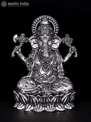 Small Blessing Lord Ganesha Seated on Lotus | Silver Plated Brass Statue | Multiple Sizes