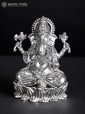 3" Small Blessing Lord Ganesha Seated on Lotus | Silver Plated Brass Statue