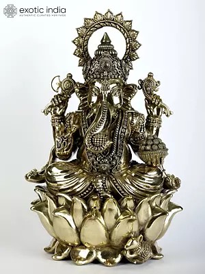 Superfine Four-Armed Blessing Lord Ganesha Seated on Lotus | Multiple Sizes Brass Statues