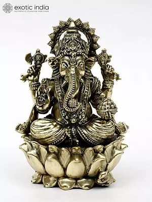Superfine Four Armed Blessing Lord Ganesha Seated on Lotus | Brass Statue | Different Sizes