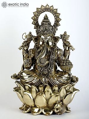 12" Superfine Four Armed Blessing Lord Ganesha Seated on Lotus | Brass Statue