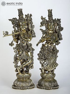 15" Superfine Pair of Radha - Krishna Statues in Brass