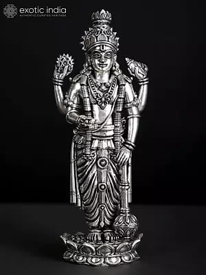 7" Superfine Four Armed Lord Vishnu Standing on Lotus | Silver Plated Brass Statue