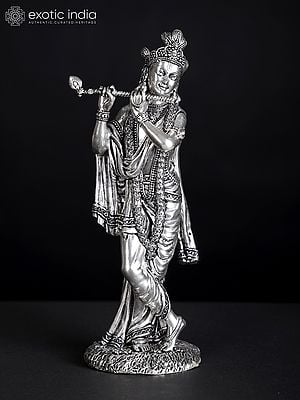 7" Superfine Silver-Plated Lord Krishna Idol Playing Flute | Brass Statue (Different Sizes)