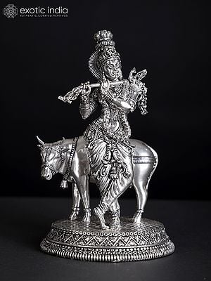 6" Superfine Murli Manohar Krishna with Cow | Silver Plated Brass Statue