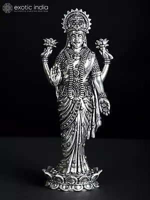 6" Superfine Standing Goddess Lakshmi Idol in Blessing Gesture | Silver Plated Brass Statue