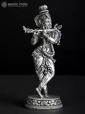 5" Small Superfine Standing Lord Krishna Playing Flute | Silver Plated Brass Statue