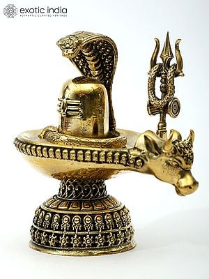 3" Small Brass Nandi Mukh Shivalinga with Protecting Naag and Trishul