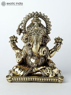 4" Small Superfine Good Luck Ganesha Brass Statue in Blessing Gesture