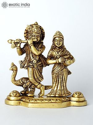 4" Small Radha-Krishna Brass Statue with Peacock