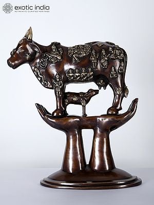17" Kamadhenu Cow with Calf on Hands Stand | Brass Statue