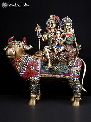 25" Shiva Parivar Seated on Nandi | Brass Statue with Inlay Work
